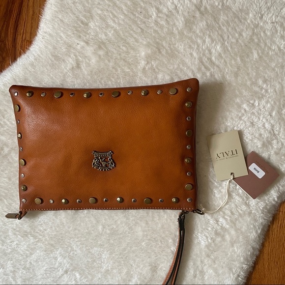 Pratesi Firenze Italian Leather Brown Gold Studded Crossbody Clutch Bag - Picture 2 of 8